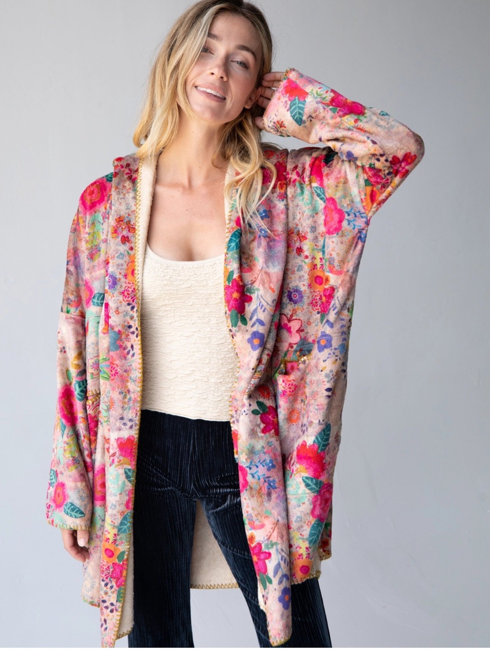 NATURAL LIFE Plush Cream and Pink Hooded Robe L/XL